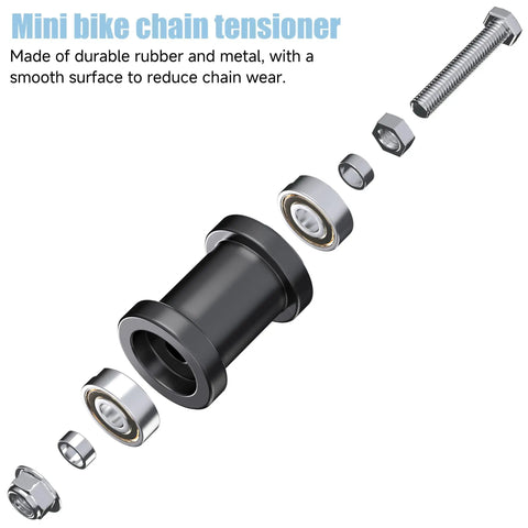 Exploded view of mini bike chain tensioner parts, showing durable rubber and metal construction for 35 Roller Chain 140 Links.