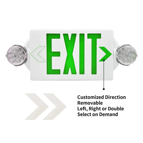 LED Emergency Light And Exit Sign Combo With Back Up Battery Green Exit Sign UL Certified For Commercial Use shown with directional arrows