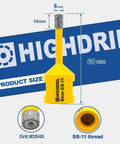 Front view of a yellow Highdril diamond core drill bit with a 6 mm head and 5/8-11 thread.