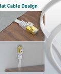 Flat Cat8 Ethernet cable installed along wood surface, showcasing flat design for neat installation. Includes Ultra Fast Ethernet Cable Cat8 10Ft For Lag-Free Gaming And 4K 8K Streaming, 40Gbps High Speed Flat Shielded RJ45 LAN Cable With STP Copper Core For Stable Low Latency Internet.