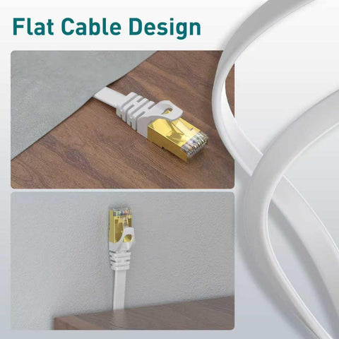 Flat Cat8 Ethernet cable installed along wood surface, showcasing flat design for neat installation. Includes Ultra Fast Ethernet Cable Cat8 10Ft For Lag-Free Gaming And 4K 8K Streaming, 40Gbps High Speed Flat Shielded RJ45 LAN Cable With STP Copper Core For Stable Low Latency Internet.