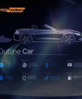Illustration of convertible car with labeled components like exhausts, brakes, seats, battery, and more on a dark background.