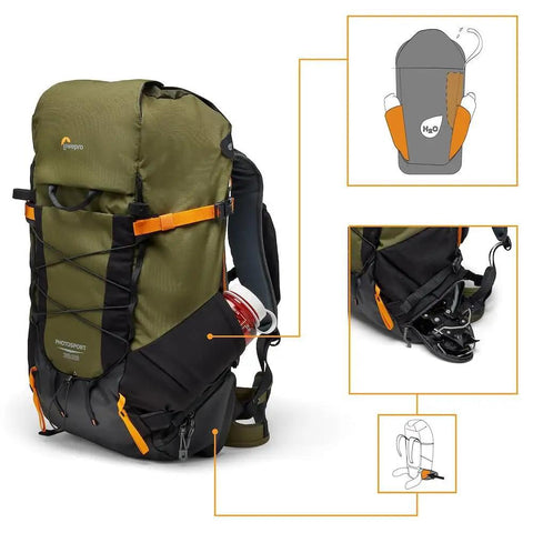 PhotoSport X 35L AW Camera Backpack For DSLR And Mirrorless Gear With Rear Access And Mountain Ready Features, green and black