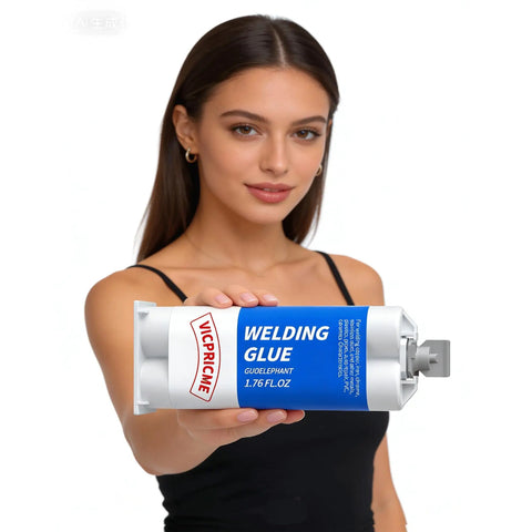 Woman holding Heavy Duty Metal Glue Epoxy For Metal Plastic Aluminum Repair Beefy Steel Strong Bond Waterproof Heat And Oil Resistant 1.76oz