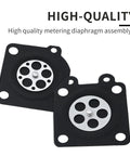Two black square metering diaphragms with silver center plate and mounting holes for Walbro and Zama carburetors.