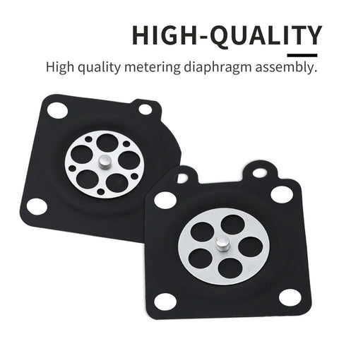 Two black square metering diaphragms with silver center plate and mounting holes for Walbro and Zama carburetors.