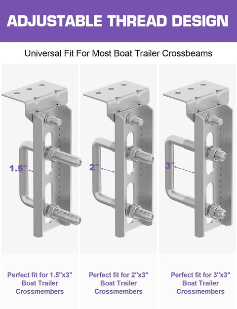 8 Inch Heavy Duty Galvanized Boat Trailer Bunk Brackets Swivel-Top Kit displaying adjustable thread design for crossmembers 1.5x3, 2x3, and 3x3