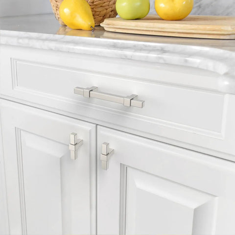 10 Pack 3 Inch (76mm) Brushed Satin Nickel Cabinet Pulls for Kitchen Cabinets visible on white cabinetry