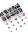 Rainbow Tubular Double Cap Leather Rivets Assorted Size Metal Hardware Kit For Jackets Bags And Diy Gear Premium colorful finish, assorted sizes in a storage box.