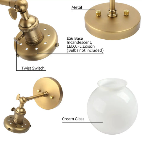 Components of Hardwired Wall Sconce With White Globe Glass Brass Vanity Light For Bathroom Vintage Retro Vibe Wall Fixture