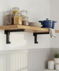 Heavy Duty Black Steel Shelf Brackets For Garage Kitchen And Workshop Storage Durable Wall Mount Supports For Floating Shelves Holds Tools Cast Iron Pans Books And Decor 1 Pack supporting wooden shelf with kitchen items