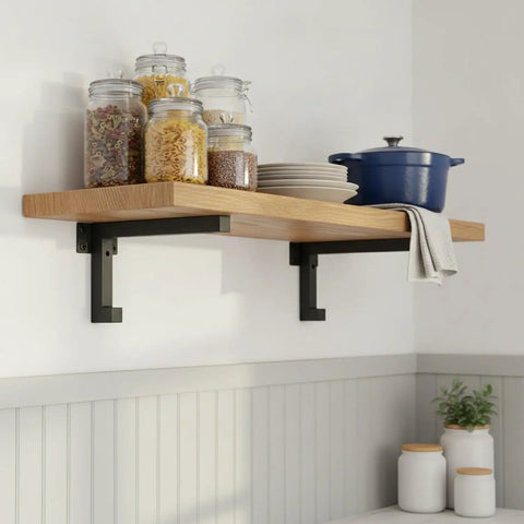 Heavy Duty Black Steel Shelf Brackets For Garage Kitchen And Workshop Storage Durable Wall Mount Supports For Floating Shelves Holds Tools Cast Iron Pans Books And Decor 1 Pack supporting wooden shelf with kitchen items