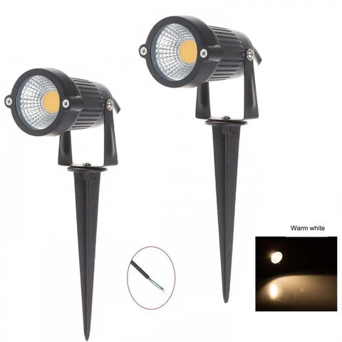 Dope High Power Outdoor COB LED Landscape Lights Pack Of 2 With Spiked Stands, 5W Warm White, 12V DC, cast aluminum, adjustable tilt, waterproof