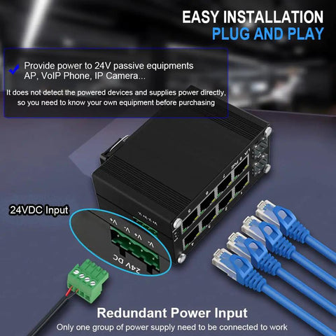 Heavy Duty 24V Passive PoE Switch With Eight Ports And Two SFP Slots Gigabit 10/100/1000Mbps DIN Rail Mount 24V Input