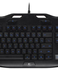 Certified Refurbished Gaming Keyboard With Bright Blue Backlight And Six Programmable Keys, top view showing blue-lit keys.