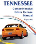 Permit Prep Handbook For Your Tennessee Driver Test Color Print Driver License Study Guide 133 Pages Full Size 8 By 11 Inches Three Sections Easy To Read Road Rules And Signs Safe Driving Basics Pass Your Permit Test. Tennessee driver manual cover with orange car and text