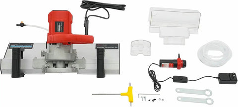 Pro Grade Electric Tile Chamfer Cutter With Rock Solid Base and Knucklehead Friendly Setup showing motor, handles, and accessories.