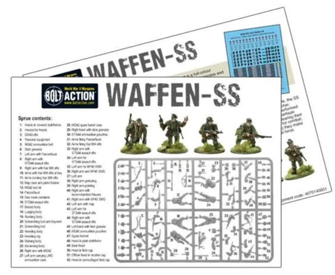 Sprue and instruction sheets for 30 Piece Mid To Late War Waffen-SS Grenadiers Plastic Miniatures For Bolt Action WW2 Tabletop War Gamers