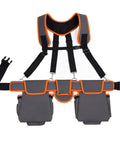 Heavy Duty Tool Belt With Double Layer Padded Suspenders adjustable straps in gray with orange trim, featuring multiple pockets for tools.