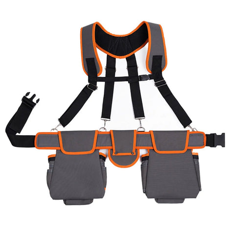 Heavy Duty Tool Belt With Double Layer Padded Suspenders adjustable straps in gray with orange trim, featuring multiple pockets for tools.