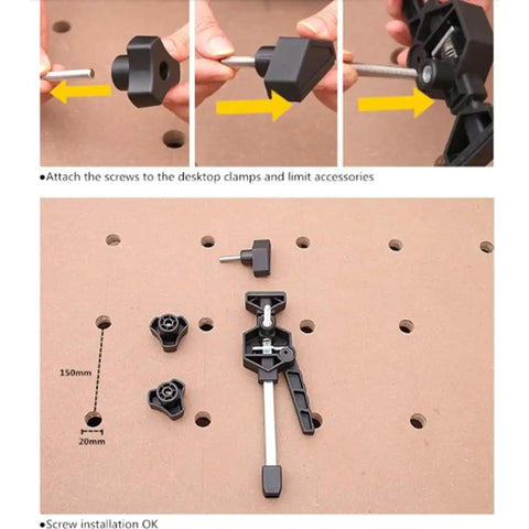 Light Duty Bar Clamp Set For Woodworking on perforated table, showing assembly steps and components with rubber construction
