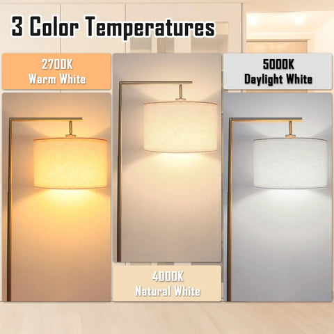 3 Color Temperature Gold Floor Lamp Dope Sleek Mid Century Modern Brass Standing Lamp With Hanging Drum Shade showcasing color modes