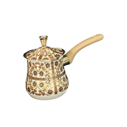 Stainless Steel Turkish Coffee Pot with Long Wooden Handle, Multipurpose Kitchen Accessory, 550Ml Capacity, Brown Pattern
