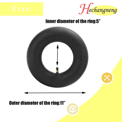 Heavy Duty Inner Tubes For 4.10/3.50-5 With TR-87 Bent Valve Stem, 2-Pack, showing dimensions of 5" inner and 11" outer diameter