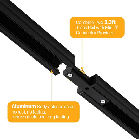 Six Point Six Foot H Style Track Lighting Kit in black showing aluminum mini I connector joining two tracks