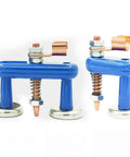 Heavy Duty Super Magnetic Welding Support Clip With Strong Suction Adjustable Magnet Clamp For Copper Tail Ground Connectors And Pro Welders Using Durable Gear, featuring blue aluminum body and copper connection.