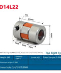 Solid Four Jaw Aluminium Shaft Coupler D14L22 For Stepper Motors showing dimensions, details and elastic cushion for vibration absorption.