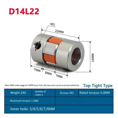 Solid Four Jaw Aluminium Shaft Coupler D14L22 For Stepper Motors showing dimensions, details and elastic cushion for vibration absorption.