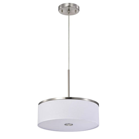 Drum Pendant Light With Brushed Nickel Trim And Linen Shade 14 Inch LED Fixture in kitchen island setting