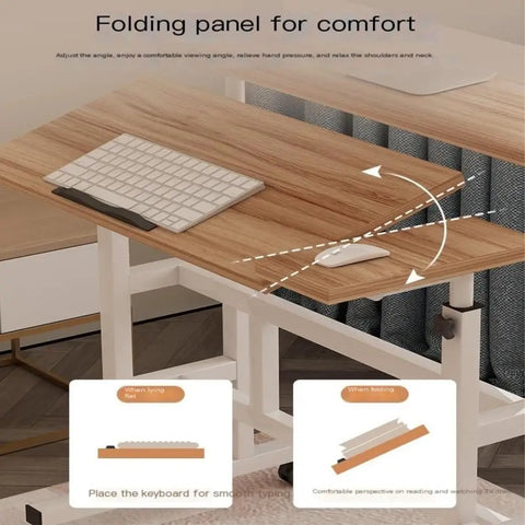 Effortless Height Adjustable Rolling Computer Desk with foldable panel, keyboard, and mouse for ergonomic comfort.