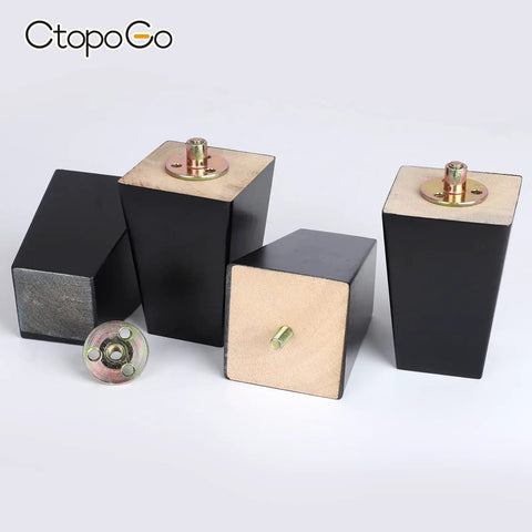 3 Inch Wood Furniture Legs Set Of Four In Black Square Finish, showing top with pre-drilled bolts and mounting plate, mid-century style.