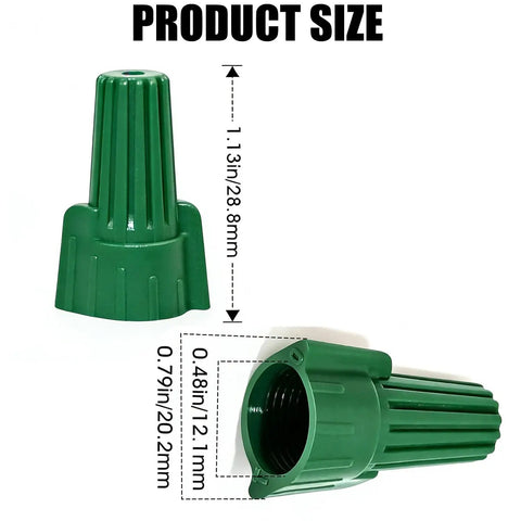 Winged Ground Wire Connector Nuts Pack Of 100, UL 467 And CSA Listed, spring loaded, flame retardant shown with product dimensions