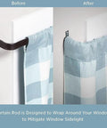 Heavy Duty Curtain Rod Set Pack Of 2 For 18 To 28 Inch Windows With Lock Seam Design And Two And A Half Inch Projection Hardware Included In Sleek Black Finish demonstrating before and after installation with curtain in place