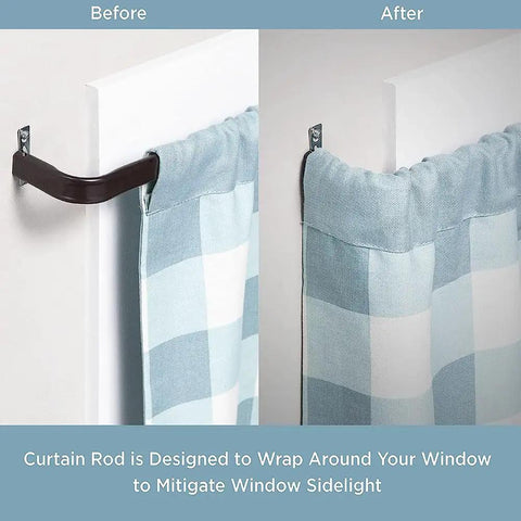 Heavy Duty Curtain Rod Set Pack Of 2 For 18 To 28 Inch Windows With Lock Seam Design And Two And A Half Inch Projection Hardware Included In Sleek Black Finish demonstrating before and after installation with curtain in place