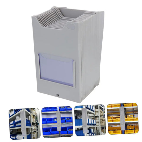 Expandable Plastic Card Holder And Multi Grid Desk Organizer in gray, displaying slots for cards, designed for workspace organization.
