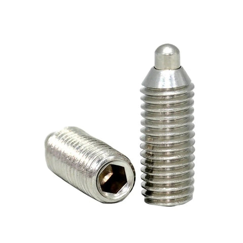 Heavy Duty 304 Stainless Steel Spring Plunger Ball Threaded Pins With Dead Tight Hex Socket Drive For Slick Industrial Assembly showcasing two threaded pins.