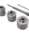 Boss Grade Tungsten Steel Concrete Hole Saw Kit With 55 Mm 65 Mm And 75 Mm Bits 50 Mm Depth Triple Tooth Design Ventilation Holes For Drilling Hollow Bricks And Cement Walls Heavy Duty Rustproof Durable, three bits and drill shank