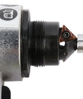 Close-up of Mini Pneumatic Chamfering Machine JIUNENG showing metal cutting blade for precision deburring and edge beveling.