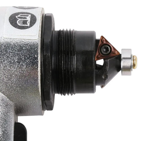Close-up of Mini Pneumatic Chamfering Machine JIUNENG showing metal cutting blade for precision deburring and edge beveling.