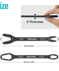 Universal Wrench Set With 38 Pieces Dual SAE And Metric Wrenches From One Quarter Inch To One Inch And Six To Twenty Five Millimeters Two Piece Carbon Steel With Corrosion Resistant Finish Ideal For Home And Auto Repairs showing wrench dimensions and 6 mm thickness.