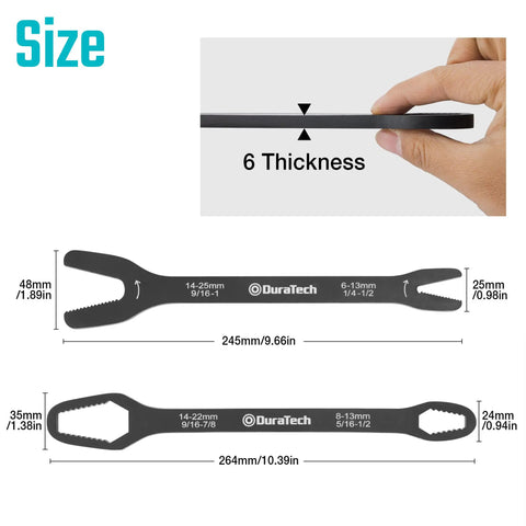 Universal Wrench Set With 38 Pieces Dual SAE And Metric Wrenches From One Quarter Inch To One Inch And Six To Twenty Five Millimeters Two Piece Carbon Steel With Corrosion Resistant Finish Ideal For Home And Auto Repairs showing wrench dimensions and 6 mm thickness.