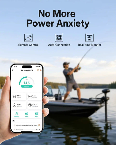 Fisherman using 12V 50Ah LiFePO4 Trolling Motor Battery With Bluetooth on a boat, phone displaying battery status app