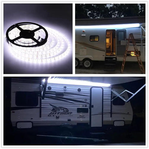 RV Awning Lights 16Ft 12V White LED Canopy Lighting on motorhome with waterproof exterior underglow kit