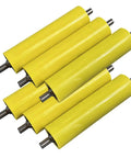 Rock Solid 6 Piece Polyurethane Rollers For Smooth Conveyor Glide Heavy Duty Wear Resistant Replacement Wheels Built Damn Tough, yellow rollers with steel cores.