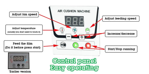 Control panel of Heavy Duty High Speed Air Cushion Machine Rolls Out Bulletproof Air Pillows At Thirty Nine Feet Per Minute Cranks To Hot In Thirty Seconds For Smooth Shipping Hustle.