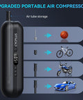On The Go Portable Electric Air Compressor Pump For Bikes And Cars showing adapters and uses with balls, bikes, motorcycles, and cars.